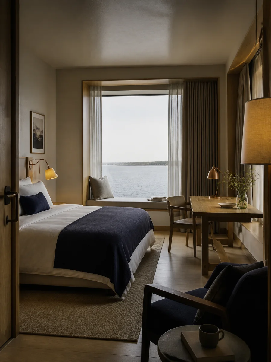 Hotelsuite met bed, eiken tafel en leesnis aan het water