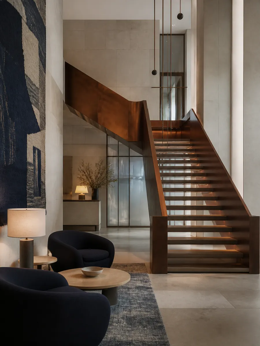 Hotelatrium met lichte steen, donkerblauw textiel en een koperen trap
