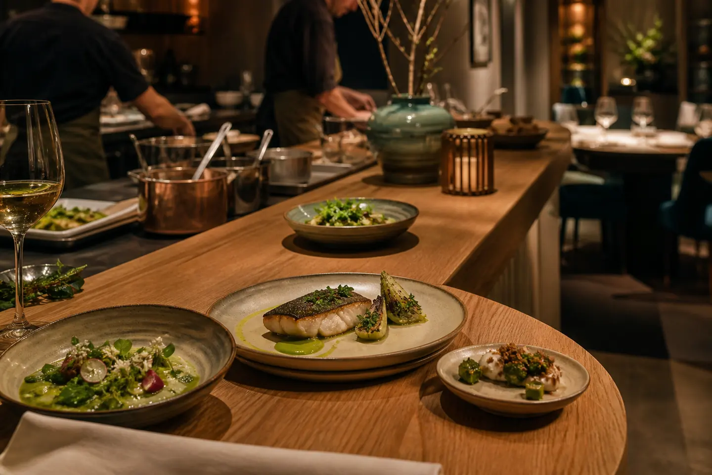 Open chefstafel met seizoensproducten en handgemaakt servies