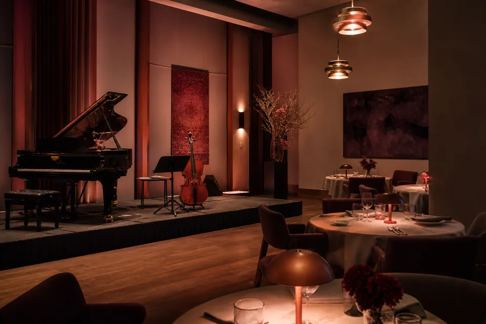 Intieme moderne salon voorbereid voor muziek en diner